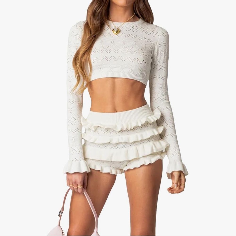 Sister Party Delana Embroidered Knit Crop Top & Ruffled Shorts Set in White XS
